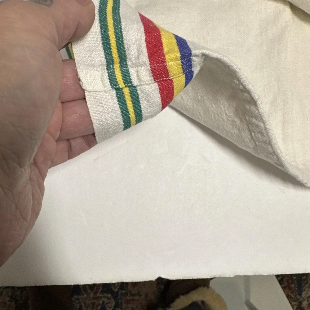 VTG‎ Linen Tea Towels Lot 3 Linen Flour Sack Striped Solid Edge Brocade Kitchen